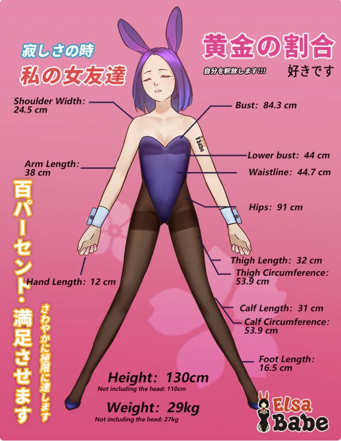 Elsa Babe Molly 130 cm sexdocka – kroppsmåttdiagram med J-kurvor, bystmått 84,3 cm och totalvikt 29 kg